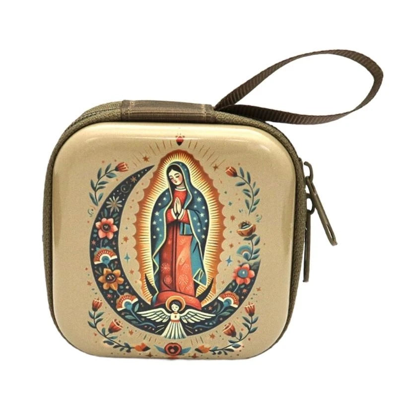 Catholic Rosary Case & Religious Jewelry Storage Box | Mini Square Prayer Bag with Zipper | Christian Icon Coin Purse for Rosary, Medals, and Crosses