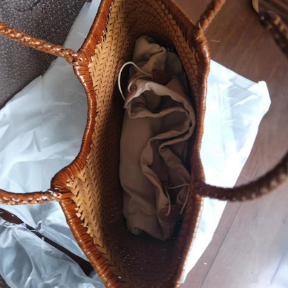 CHRISTIANARTBAG Genuine Leather Woven Tote Bag – Handcrafted Vintage Cowhide Shoulder Purse for Women, Large Capacity Artisan Basket Bag