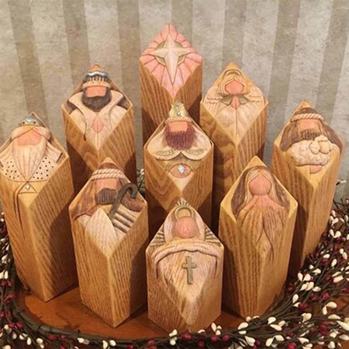 Christianartbag Home Decor, Heaven Nativity Tree Pillar Statues 9 Pcs Set of Wooden Collection Figurines of Pillars of Nativity Setcolumn Statues Decoration - Christian Art Bag