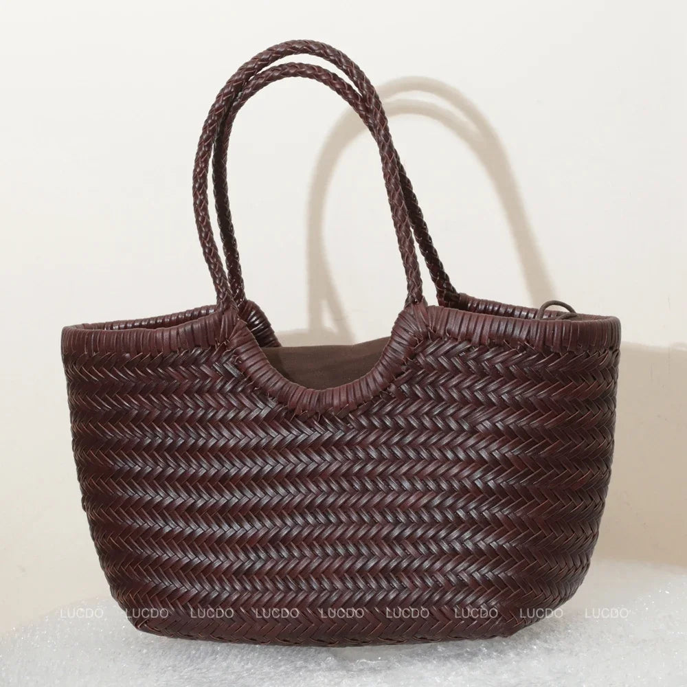 CHRISTIANARTBAG Genuine Leather Woven Tote Bag – Handcrafted Vintage Cowhide Shoulder Purse for Women, Large Capacity Artisan Basket Bag
