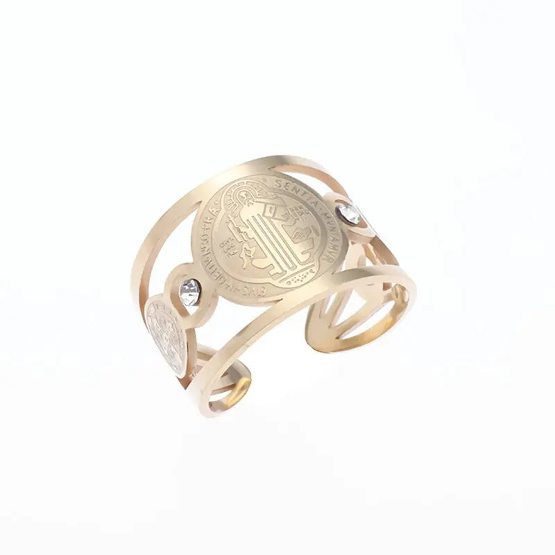 Saint Benedict Ring for Men Women - Stainless Steel Catholic Exorcism Protection Ring - Religious Christian Jewelry Adjustable Size