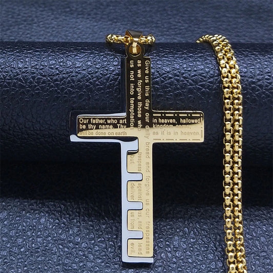 Christianartbag Jewelry, Cross Christian Church Prayer Necklace Men Stainless Steel Gold Color Bible Amulet Necklaces Jewelry,CABJWL02270723 - Christian Art Bag