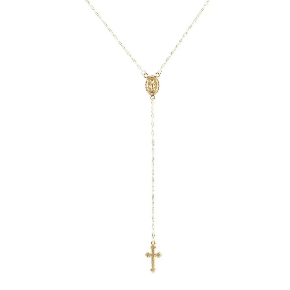 Rose Gold Layered Rosary Necklace for Women - Vintage Christian Cross & Virgin Mary Medal Pendant - Boho Religious Jewelry Gift