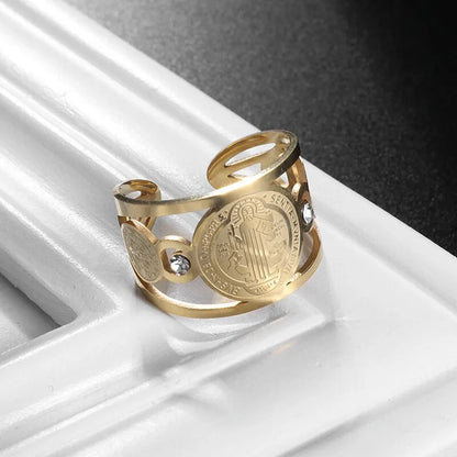 Saint Benedict Ring for Men Women - Stainless Steel Catholic Exorcism Protection Ring - Religious Christian Jewelry Adjustable Size