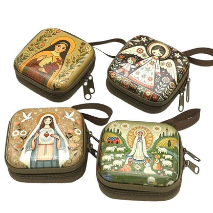 Catholic Rosary Case & Religious Jewelry Storage Box | Mini Square Prayer Bag with Zipper | Christian Icon Coin Purse for Rosary, Medals, and Crosses