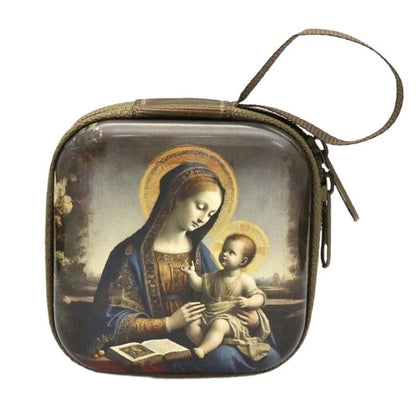 Catholic Rosary Case & Religious Jewelry Storage Box | Mini Square Prayer Bag with Zipper | Christian Icon Coin Purse for Rosary, Medals, and Crosses