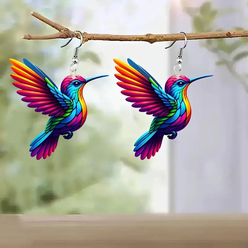 Colorful Hummingbird Drop Earrings - Stained Glass Style Bird Dangle Earrings for Women, Retro Fashion Jewelry Gift