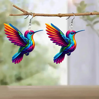 Colorful Hummingbird Drop Earrings - Stained Glass Style Bird Dangle Earrings for Women, Retro Fashion Jewelry Gift