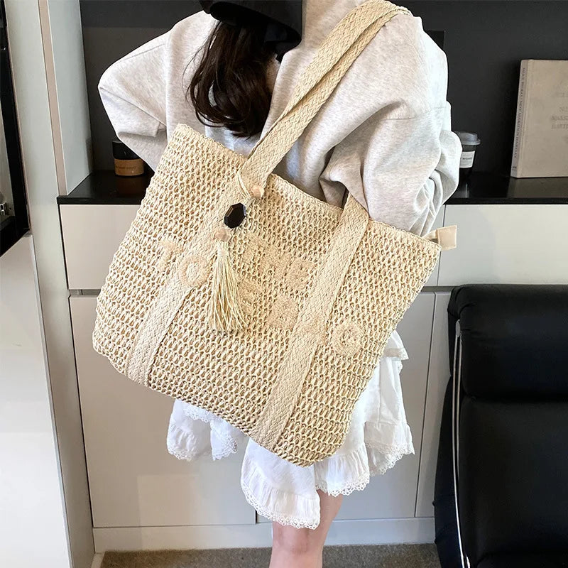 CHRISTIANARTBAG Large Capacity Woven Straw Tote Bag – French Style Summer Beach Vacation Bag, Casual Commuter Shoulder Handbag for Women