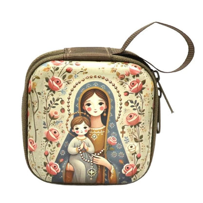 Catholic Rosary Case & Religious Jewelry Storage Box | Mini Square Prayer Bag with Zipper | Christian Icon Coin Purse for Rosary, Medals, and Crosses