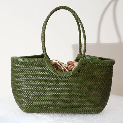 CHRISTIANARTBAG Genuine Leather Woven Tote Bag – Handcrafted Vintage Cowhide Shoulder Purse for Women, Large Capacity Artisan Basket Bag