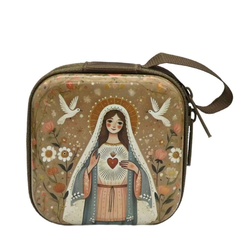 Catholic Rosary Case & Religious Jewelry Storage Box | Mini Square Prayer Bag with Zipper | Christian Icon Coin Purse for Rosary, Medals, and Crosses