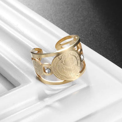 Saint Benedict Ring for Men Women - Stainless Steel Catholic Exorcism Protection Ring - Religious Christian Jewelry Adjustable Size