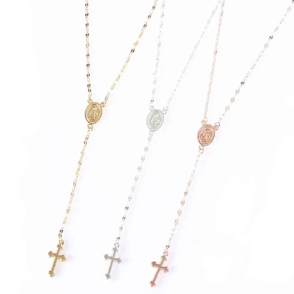 Rose Gold Layered Rosary Necklace for Women - Vintage Christian Cross & Virgin Mary Medal Pendant - Boho Religious Jewelry Gift