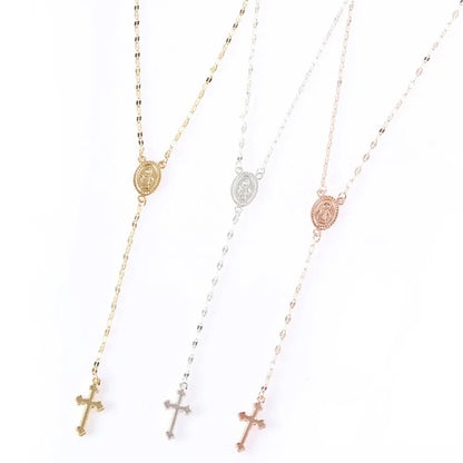 Rose Gold Layered Rosary Necklace for Women - Vintage Christian Cross & Virgin Mary Medal Pendant - Boho Religious Jewelry Gift