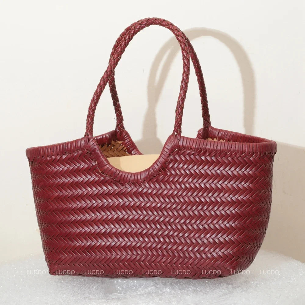 CHRISTIANARTBAG Genuine Leather Woven Tote Bag – Handcrafted Vintage Cowhide Shoulder Purse for Women, Large Capacity Artisan Basket Bag