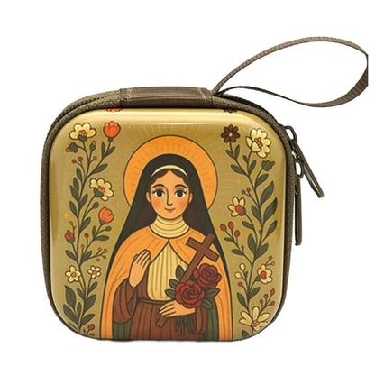 Catholic Rosary Case & Religious Jewelry Storage Box | Mini Square Prayer Bag with Zipper | Christian Icon Coin Purse for Rosary, Medals, and Crosses