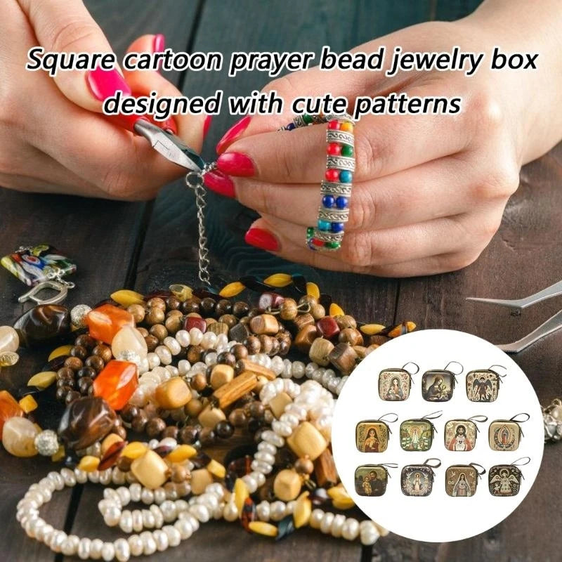 Catholic Rosary Case & Religious Jewelry Storage Box | Mini Square Prayer Bag with Zipper | Christian Icon Coin Purse for Rosary, Medals, and Crosses