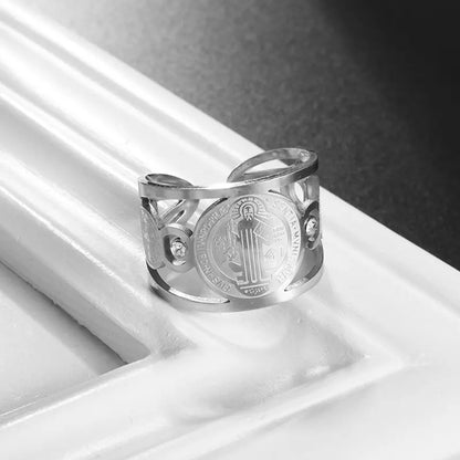 Saint Benedict Ring for Men Women - Stainless Steel Catholic Exorcism Protection Ring - Religious Christian Jewelry Adjustable Size