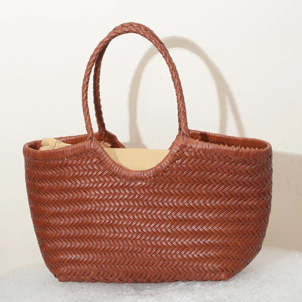 CHRISTIANARTBAG Genuine Leather Woven Tote Bag – Handcrafted Vintage Cowhide Shoulder Purse for Women, Large Capacity Artisan Basket Bag