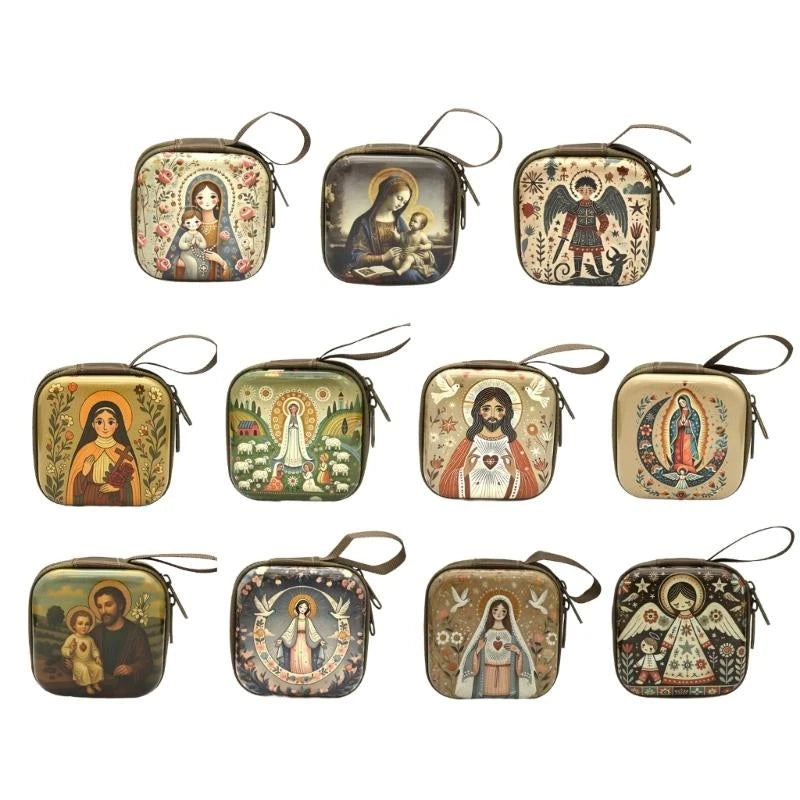 Catholic Rosary Case & Religious Jewelry Storage Box | Mini Square Prayer Bag with Zipper | Christian Icon Coin Purse for Rosary, Medals, and Crosses