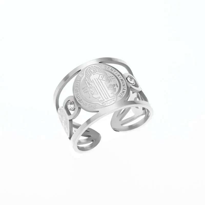 Saint Benedict Ring for Men Women - Stainless Steel Catholic Exorcism Protection Ring - Religious Christian Jewelry Adjustable Size