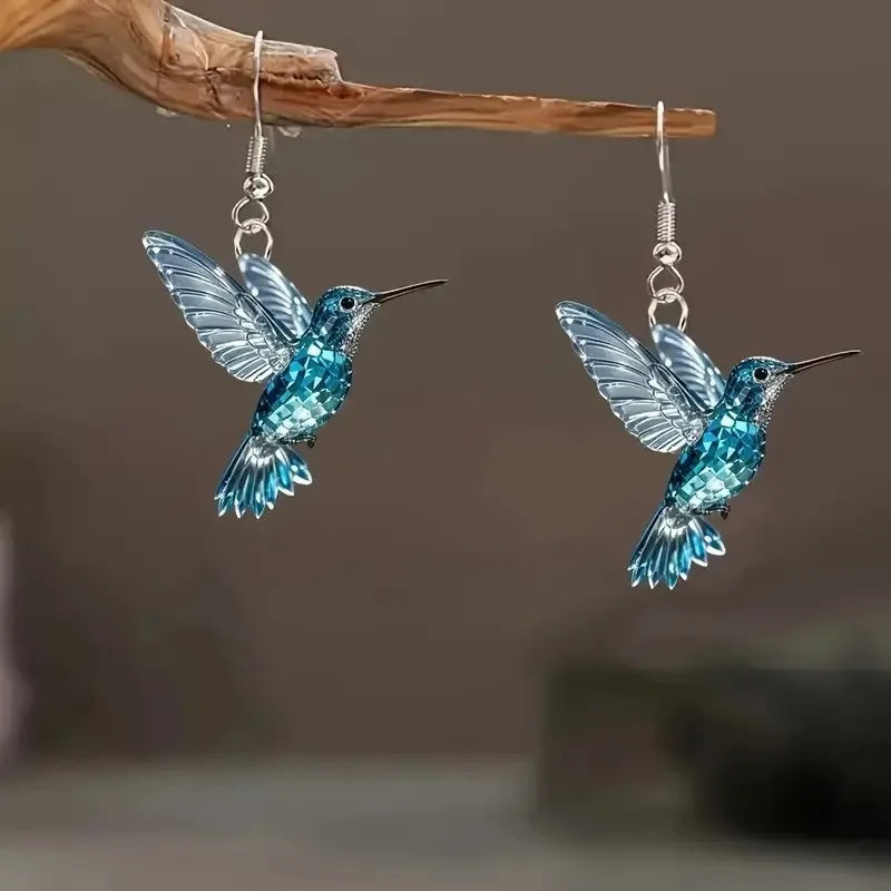 Colorful Hummingbird Drop Earrings - Stained Glass Style Bird Dangle Earrings for Women, Retro Fashion Jewelry Gift