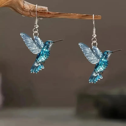 Colorful Hummingbird Drop Earrings - Stained Glass Style Bird Dangle Earrings for Women, Retro Fashion Jewelry Gift