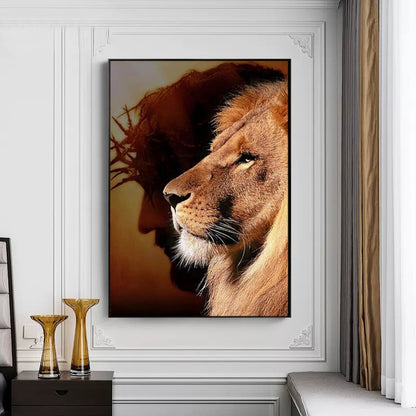 Christianartbag Home Decor, Lion and Jesus Canvas Painting Poster Prints Religion Christianity Wall Art Pictures for Living Room Bedroom Home Decoration - Christian Art Bag