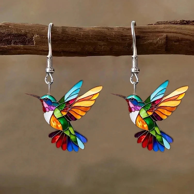 Colorful Hummingbird Drop Earrings - Stained Glass Style Bird Dangle Earrings for Women, Retro Fashion Jewelry Gift