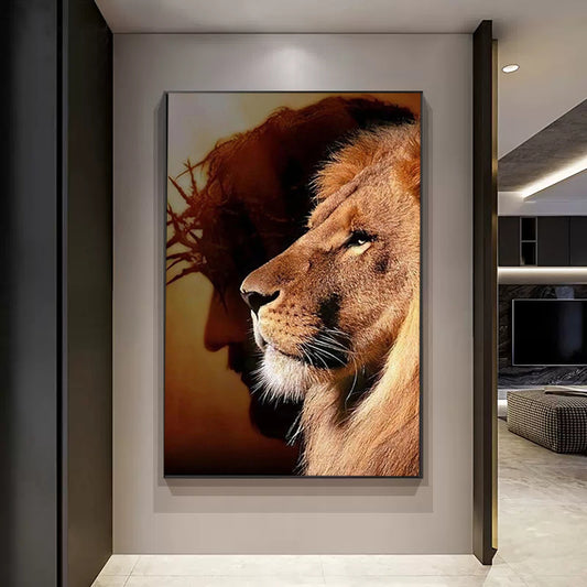 Christianartbag Home Decor, Lion and Jesus Canvas Painting Poster Prints Religion Christianity Wall Art Pictures for Living Room Bedroom Home Decoration - Christian Art Bag
