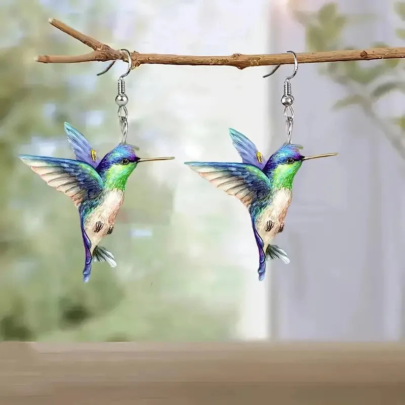 Colorful Hummingbird Drop Earrings - Stained Glass Style Bird Dangle Earrings for Women, Retro Fashion Jewelry Gift