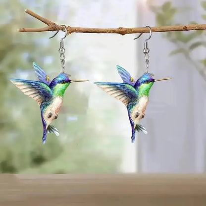 Colorful Hummingbird Drop Earrings - Stained Glass Style Bird Dangle Earrings for Women, Retro Fashion Jewelry Gift