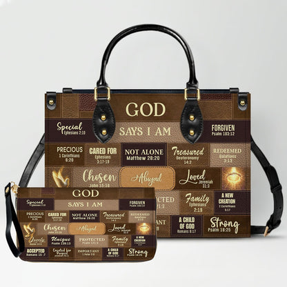 Personalized Leather Handbag & Long Wallet Set – GOD Says I Am Christian Gift for Women