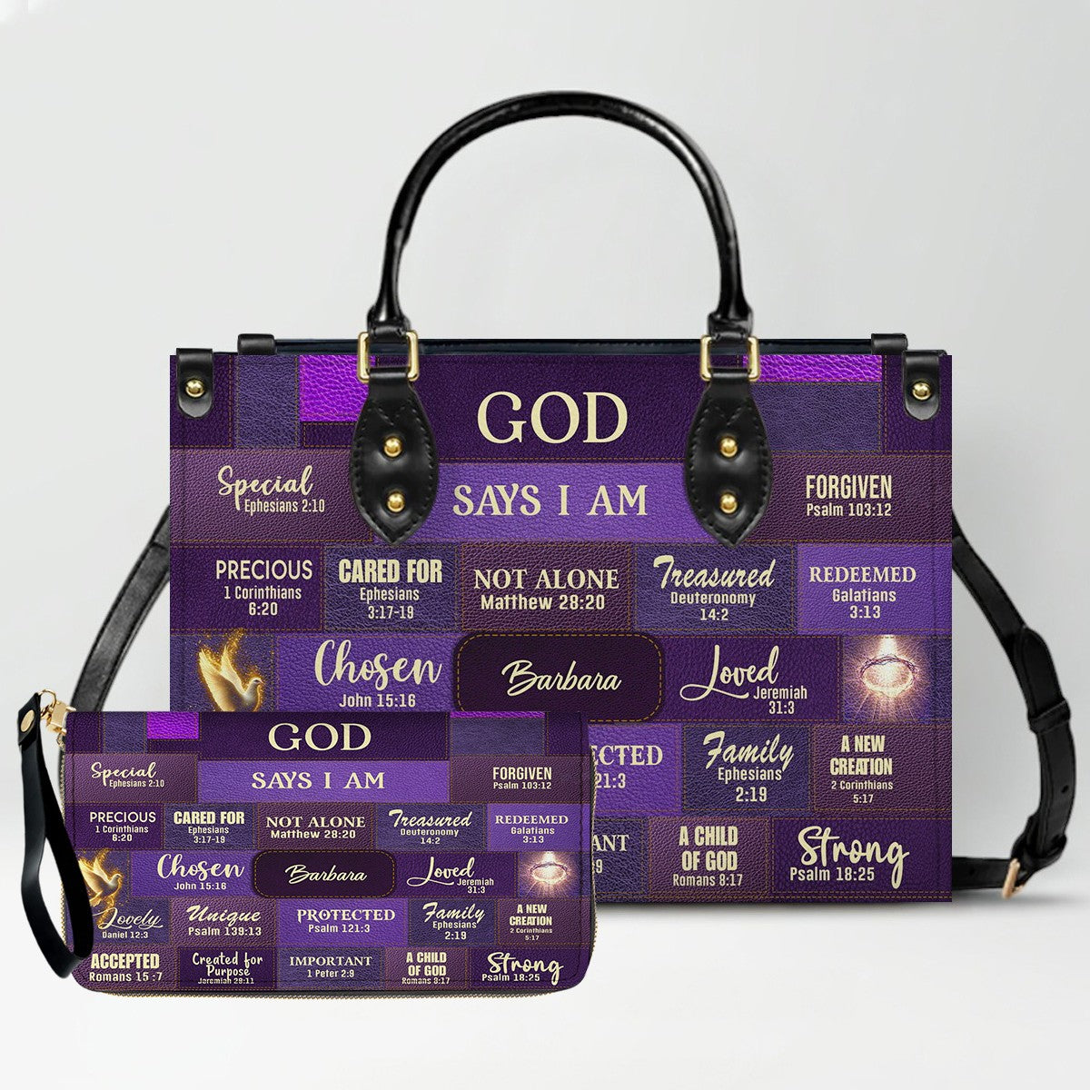 Personalized Leather Handbag & Long Wallet Set – GOD Says I Am Christian Gift for Women