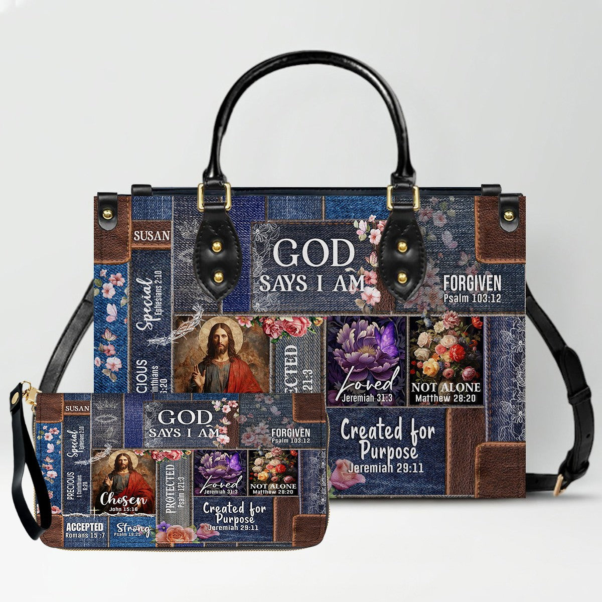 Personalized Leather Handbag & Long Wallet Set – GOD Says I Am Christian Gift for Women
