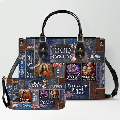 Personalized Leather Handbag & Long Wallet Set – GOD Says I Am Christian Gift for Women