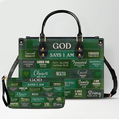 Personalized Leather Handbag & Long Wallet Set – GOD Says I Am Christian Gift for Women