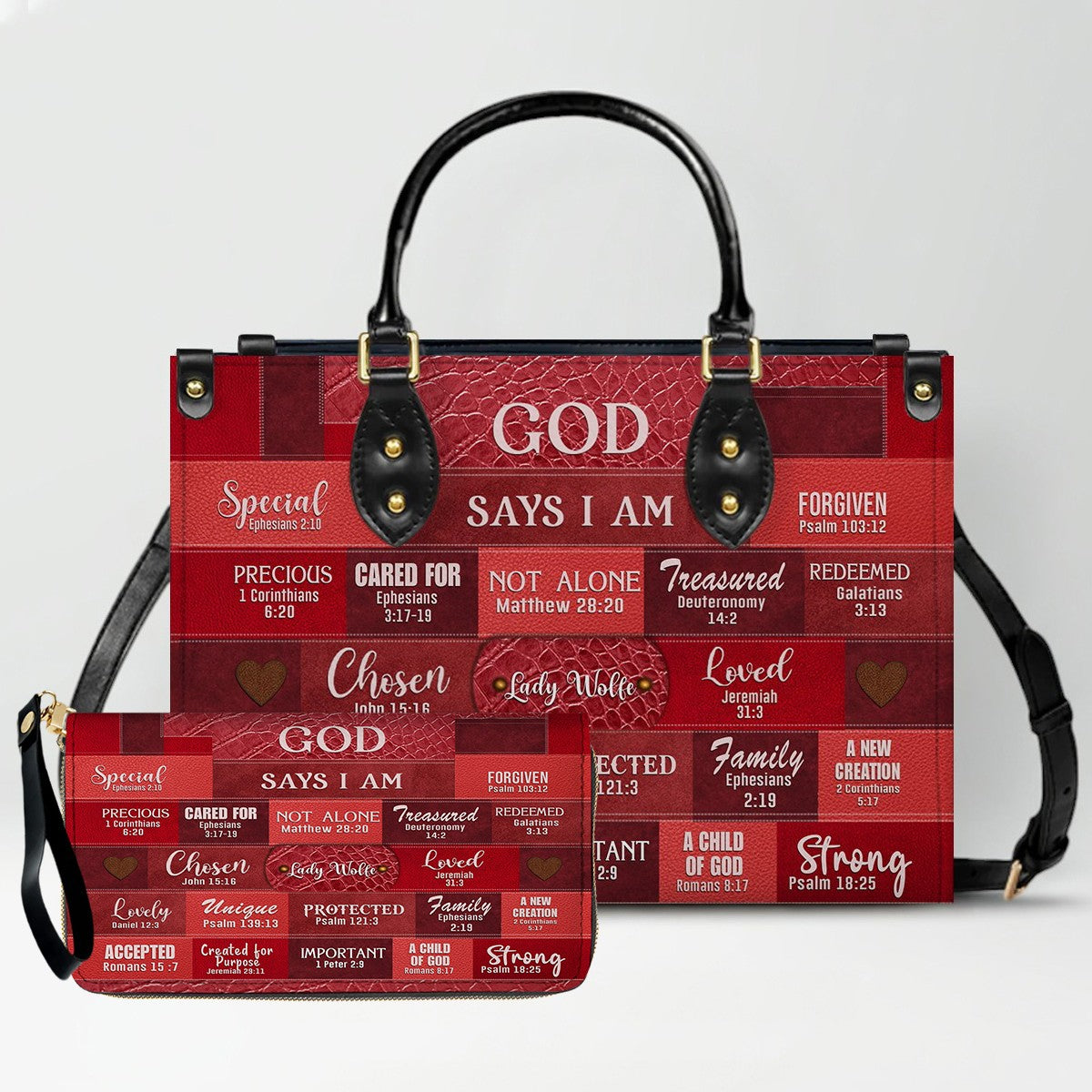 Personalized Leather Handbag & Long Wallet Set – GOD Says I Am Christian Gift for Women