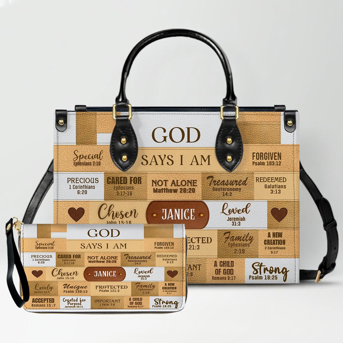 Personalized Leather Handbag & Long Wallet Set – GOD Says I Am Christian Gift for Women