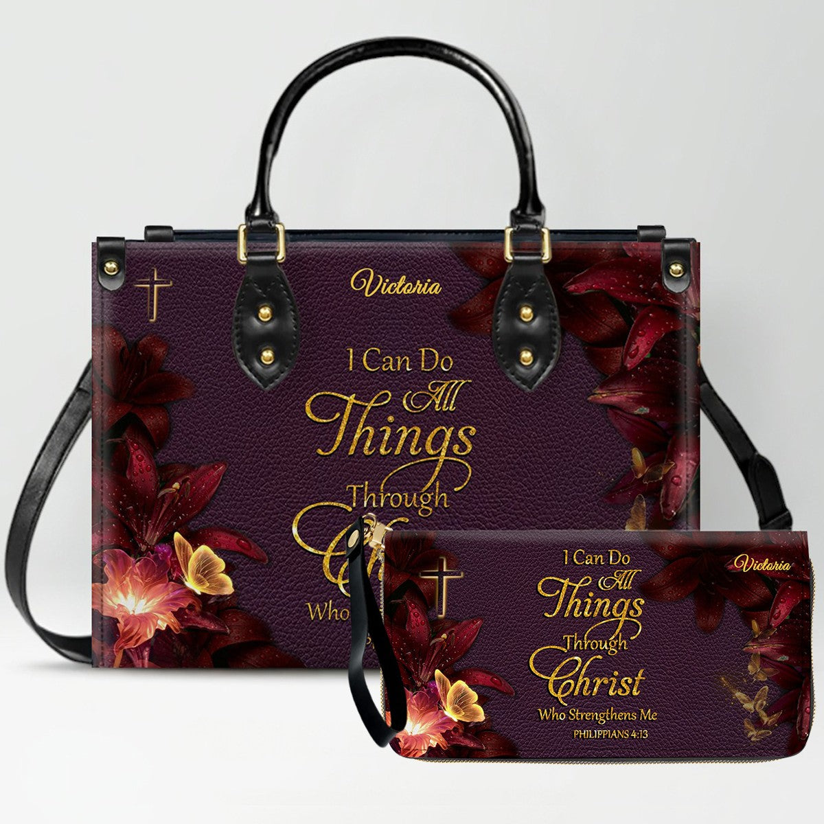 Set Personalized Leather Handbag With Long Wallet – Custom Name & Bible Verse | Burgundy Christian Gift for Women – CHRISTIANARTBAG