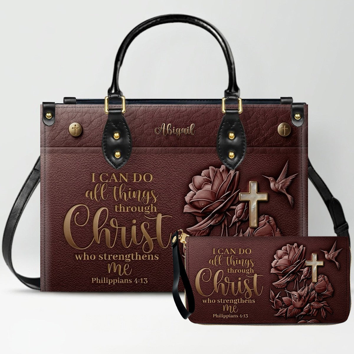 Custom Name Christian Leather Handbag & Wallet Set - Personalized Bible Verse Tote Bag | CHRISTIANARTBAG 01072726