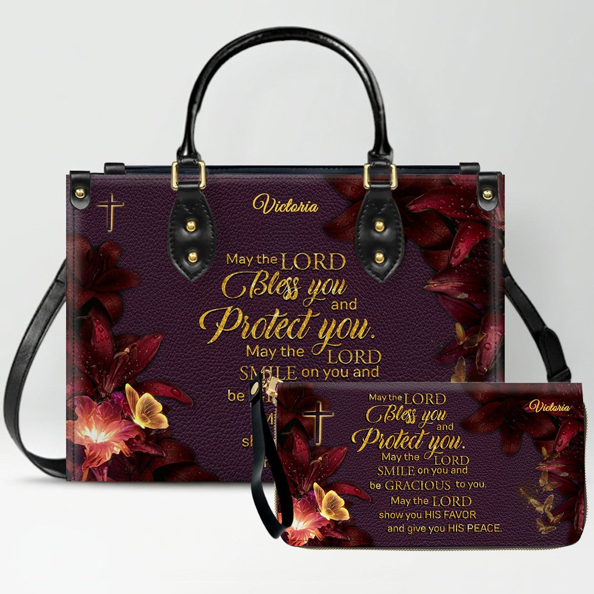 Set Personalized Leather Handbag With Long Wallet – Custom Name & Bible Verse | Burgundy Christian Gift for Women – CHRISTIANARTBAG