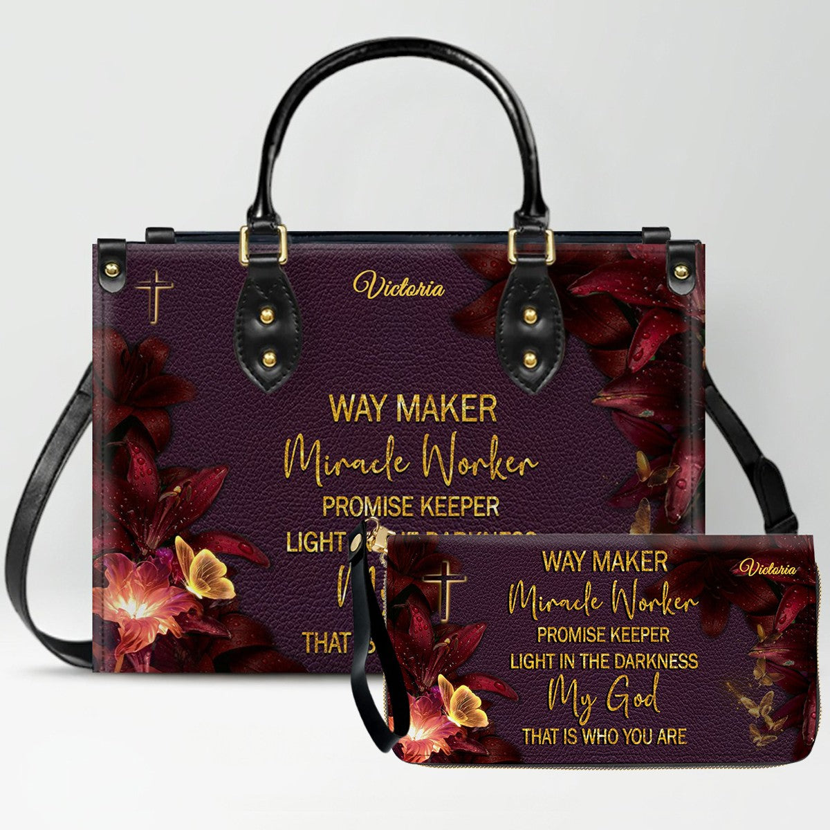 Set Personalized Leather Handbag With Long Wallet – Custom Name & Bible Verse | Burgundy Christian Gift for Women – CHRISTIANARTBAG