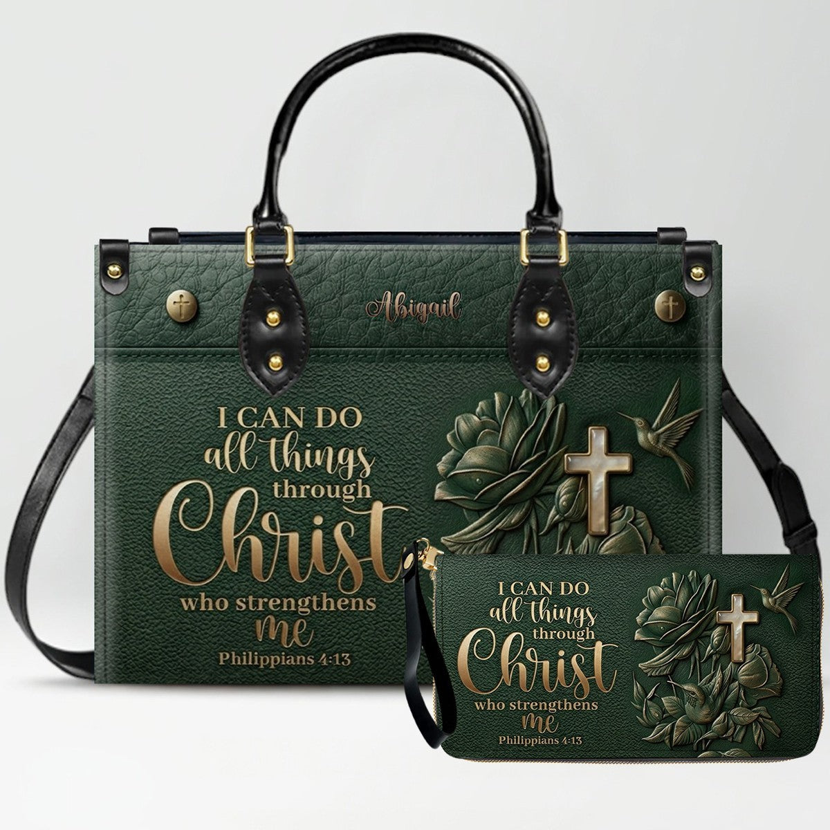 Custom Name Christian Leather Handbag & Wallet Set - Personalized Bible Verse Tote Bag | CHRISTIANARTBAG 01072726