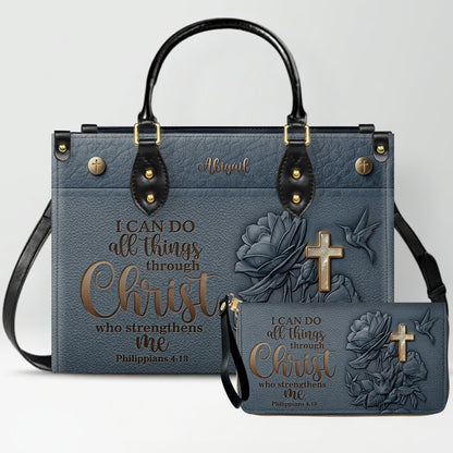 Personalized Leather Handbag for Christian Women - Custom Name "I Can Do All Things" Floral Cross Leather Purse | CHRISTIANARTBAG 01072126