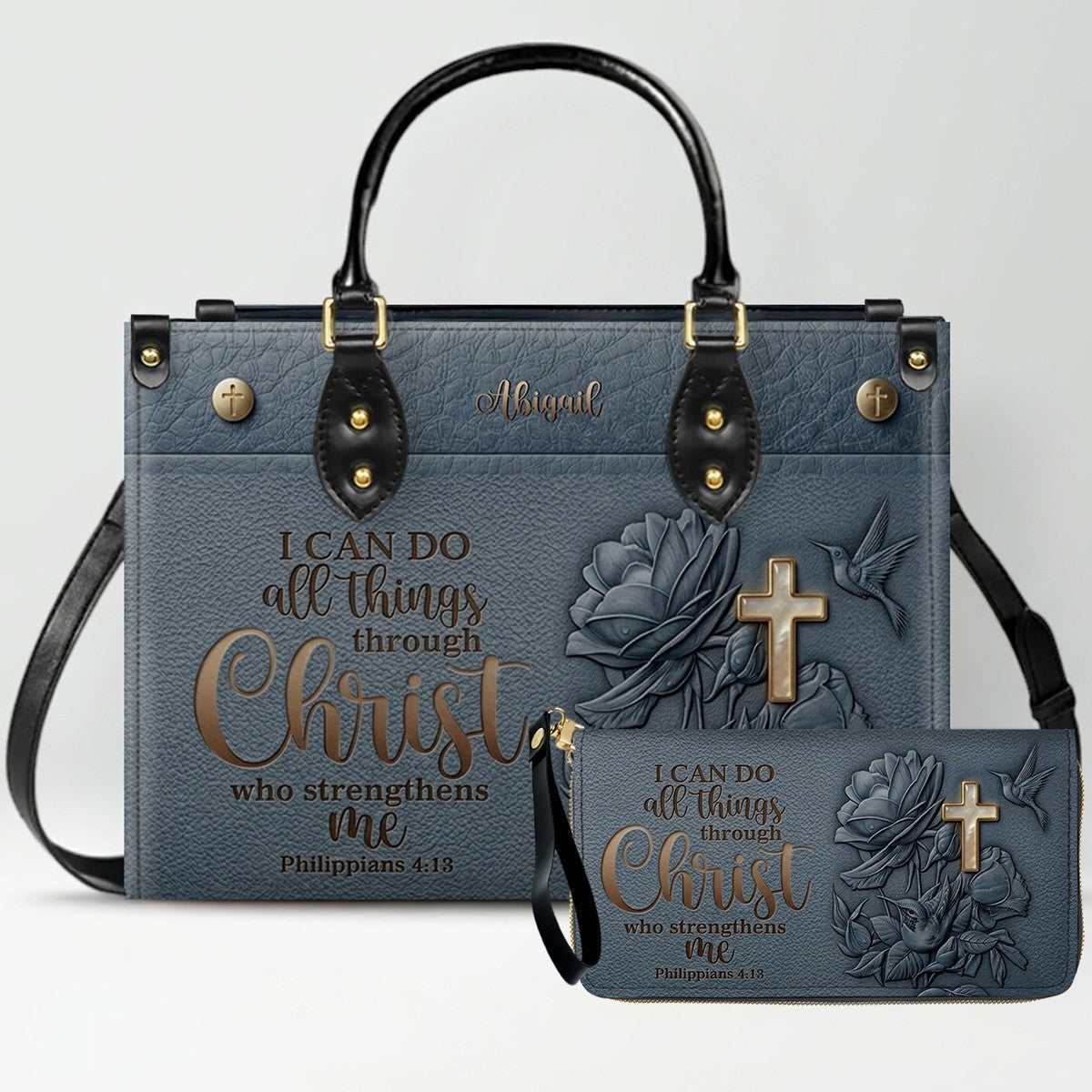 Custom Name Christian Leather Handbag & Wallet Set - Personalized Bible Verse Tote Bag | CHRISTIANARTBAG 01072726
