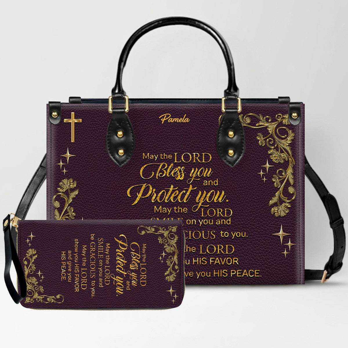 Personalized Leather Handbag & Long Wallet Set – Custom Name & Bible Verse | Elegant Christian Gift for Women