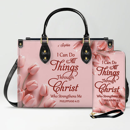 Personalized Leather Handbag for Women – Custom Name Christian Bible Verse Purse – Floral Pink Tulip Scripture Bag – Gift by CHRISTIANARTBAG CAB 022726