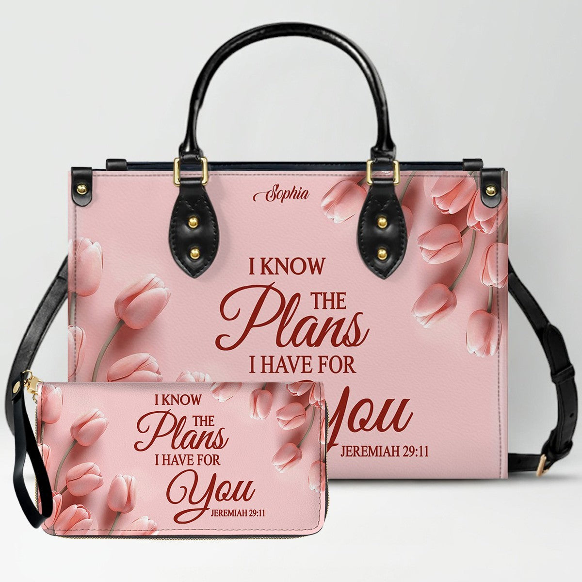 Personalized Leather Handbag for Women – Custom Name Christian Bible Verse Purse – Floral Pink Tulip Scripture Bag – Gift by CHRISTIANARTBAG CAB 022726